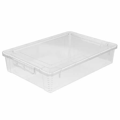 Clear plastic storage box on a white background a4 size with a secure clip on lid