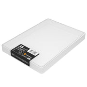 shallow clear transparent plastic storage box with drop on lid for sorting a5 paper and craft materials