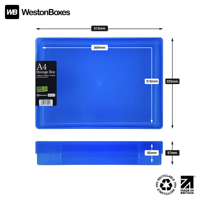 Blue / Transparent, WestonBoxes Plastic A4 Paper Storage Box With Lid, Pack of 5, Pack of 10, Pack of 40