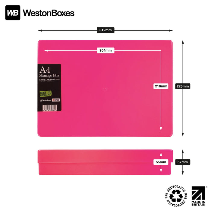 Neon Pink / Opaque, Neon MixPack / Opaque, WestonBoxes Plastic A4 Paper Storage Box With Lid