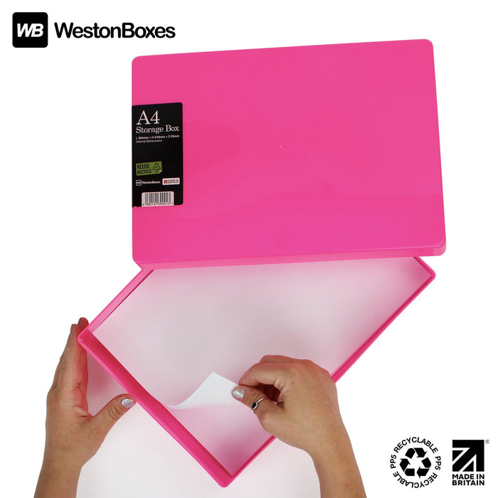 Neon Pink / Opaque, Neon MixPack / Opaque, WestonBoxes Plastic A4 Paper Storage Box With Lid