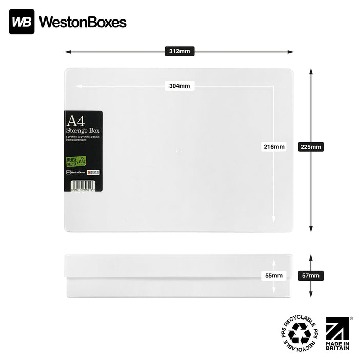 WestonBoxes - A4 Plastic Storage Box, White / Opaque / TOUGH
