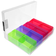 A set of eight transparent, rectangular craft storage boxes in various sizes, with a clear cover on top of each box.